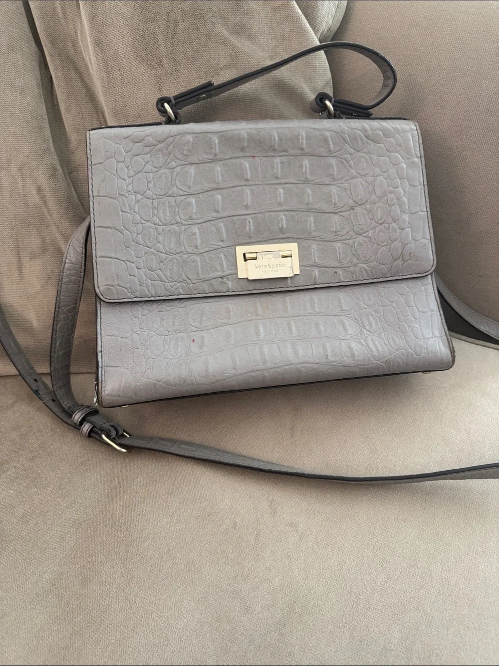 Kate Spade Knightsbridge Doris Grey Leather Crocodile Embossed Satchel Crossbody